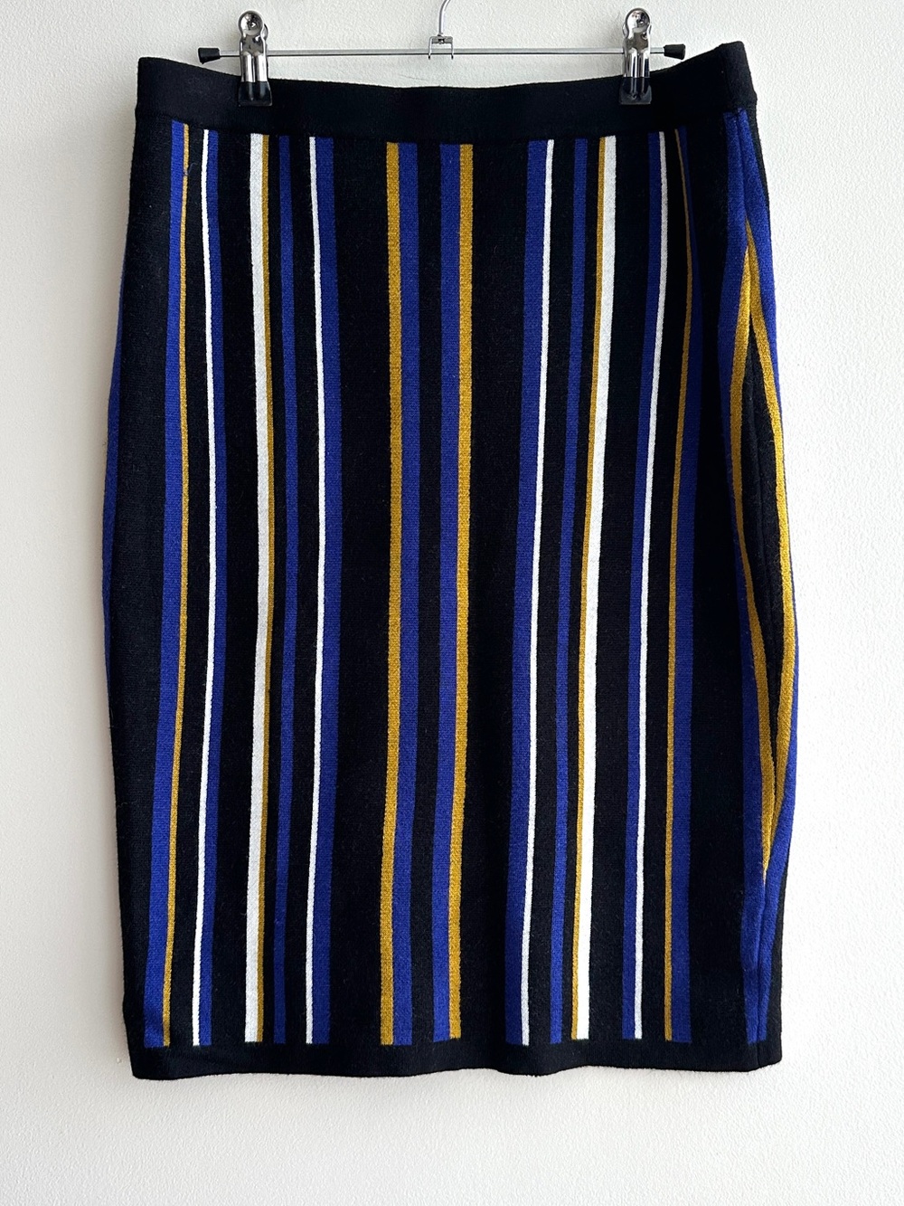 Spense Vertical Striped Pencil Knit Skirt, Black/Blue/Gold, Size Large